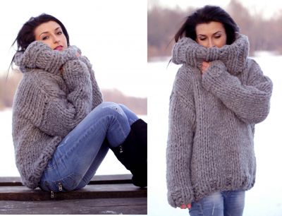 Kuschel♥weich Grobstrickpullover grau ♥ Schurwolle thick big chunky wool knit Sweater
